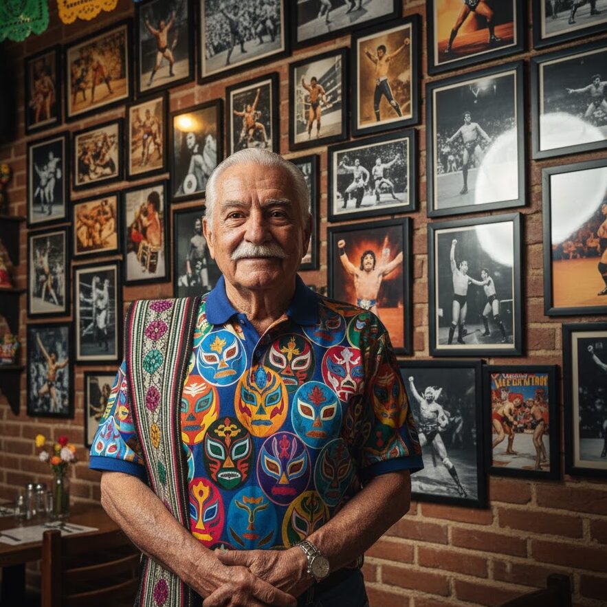 Retrato de Don Mario (70 años), dueño de La Esquina de Don Mario, posando orgulloso frente a una pared de fotografías históricas de la Lucha Libre Mexicana, reflejando tradición y cultura.