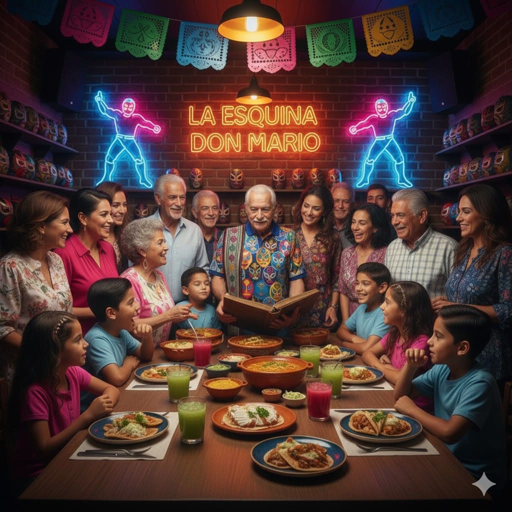 Don Mario sonríe al centro, leyendo un libro de recetas, rodeado de su numerosa familia (hijos, nietos, primos) disfrutando de comida mexicana en 'La Esquina de Don Mario', con decoración vibrante de Lucha Libre y luces de neón.