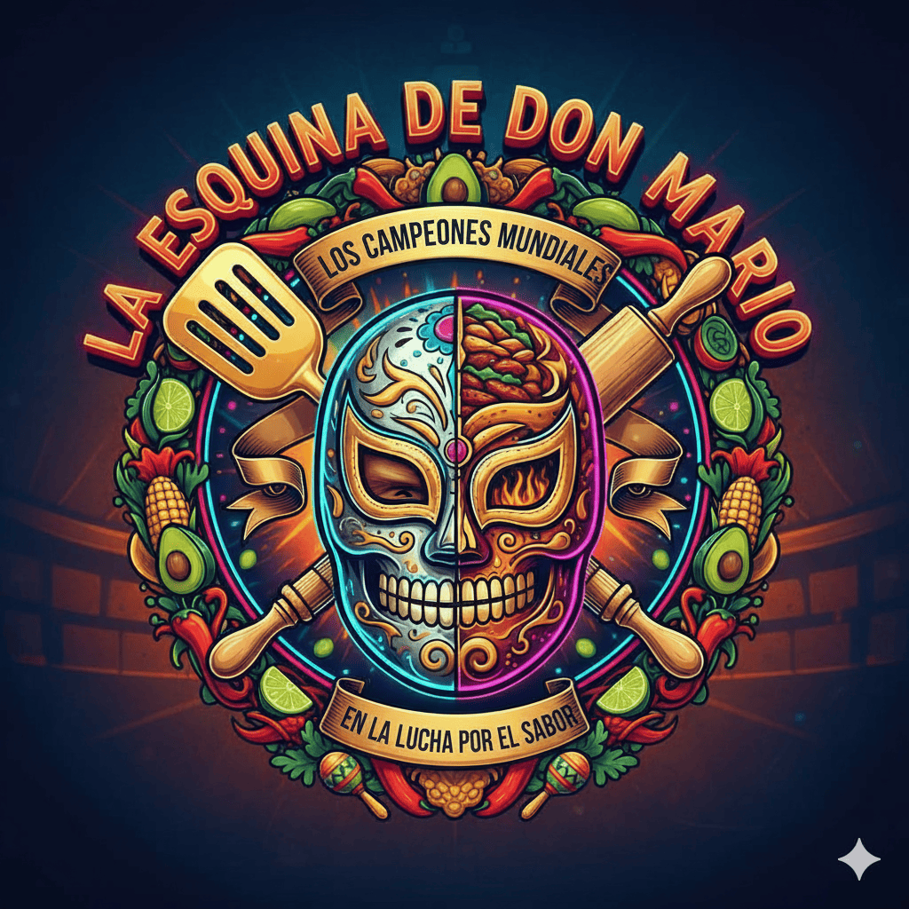 Logo circular vibrante y muy detallado de "La Esquina de Don Mario". El diseño central es una calavera de luchador (máscara de lucha libre) dividida a la mitad, con un lado representando la muerte (calavera y colores fríos como azul y turquesa) y el otro lado la comida/fuego (relleno de tacos/carne y colores cálidos como rojo y naranja). La calavera está enmarcada por una espátula de cocina dorada y un rodillo de madera cruzados. Alrededor, un anillo de ingredientes frescos (maíz, chiles, aguacate, limas y tomatillos) y, en la parte superior, el nombre "LA ESQUINA DE DON MARIO". El diseño incluye dos banners: uno superior que dice "LOS CAMPEONES MUNDIALES" y uno inferior que dice "EN LA LUCHA POR EL SABOR".