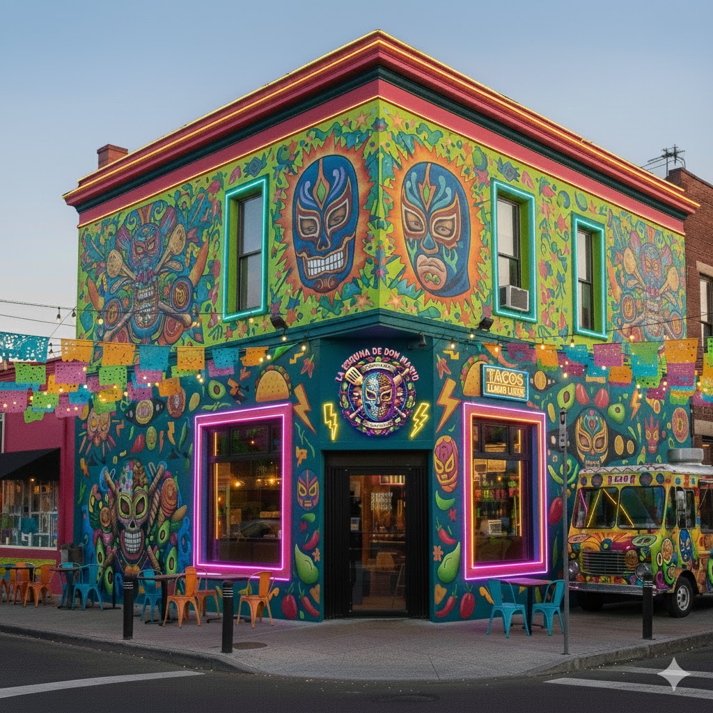 Fachada exterior de La Esquina de Don Mario, restaurante de comida mexicana con temática de Lucha Libre en el Malecón de La Paz, con murales vibrantes y luces de neón.