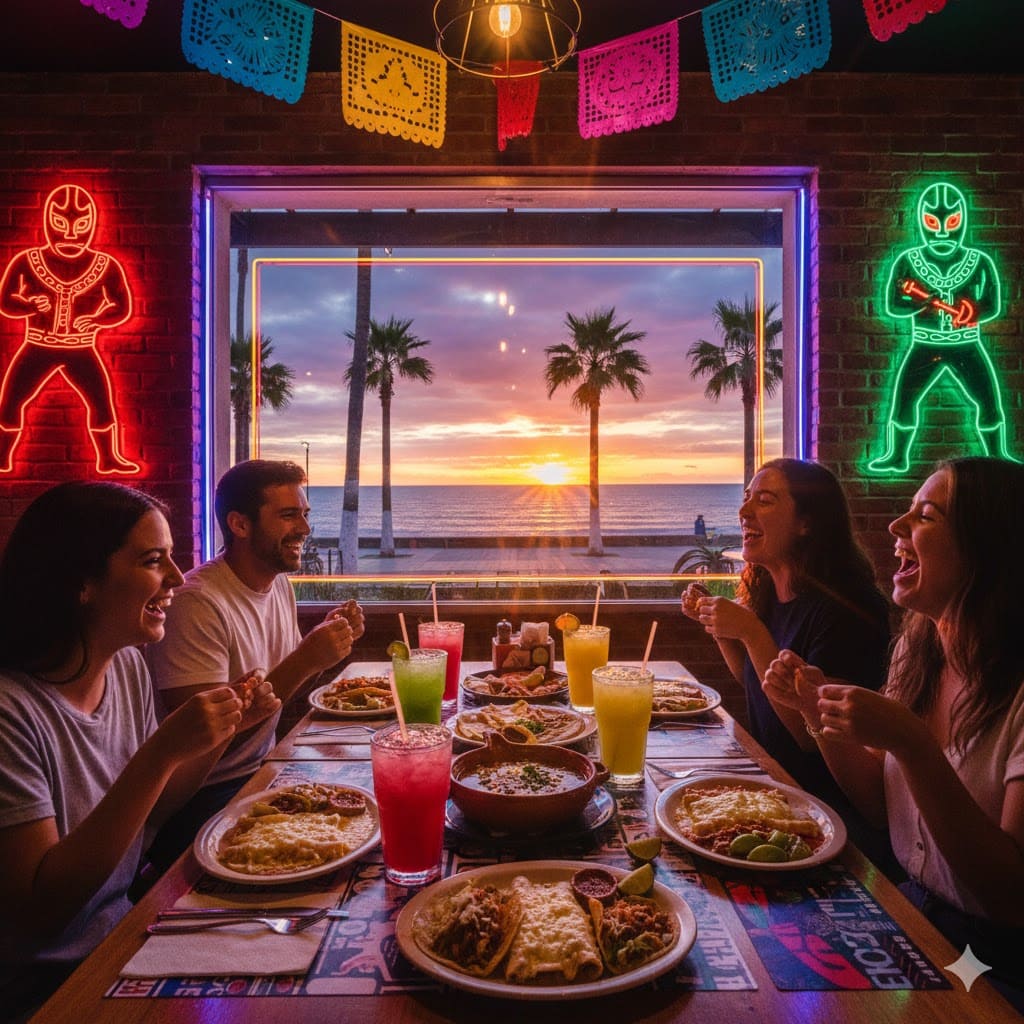 Clientes sonrientes disfrutando de platillos mexicanos en el interior de 'La Esquina de Don Mario', con vista al Malecón de La Paz y un atardecer sobre el mar.