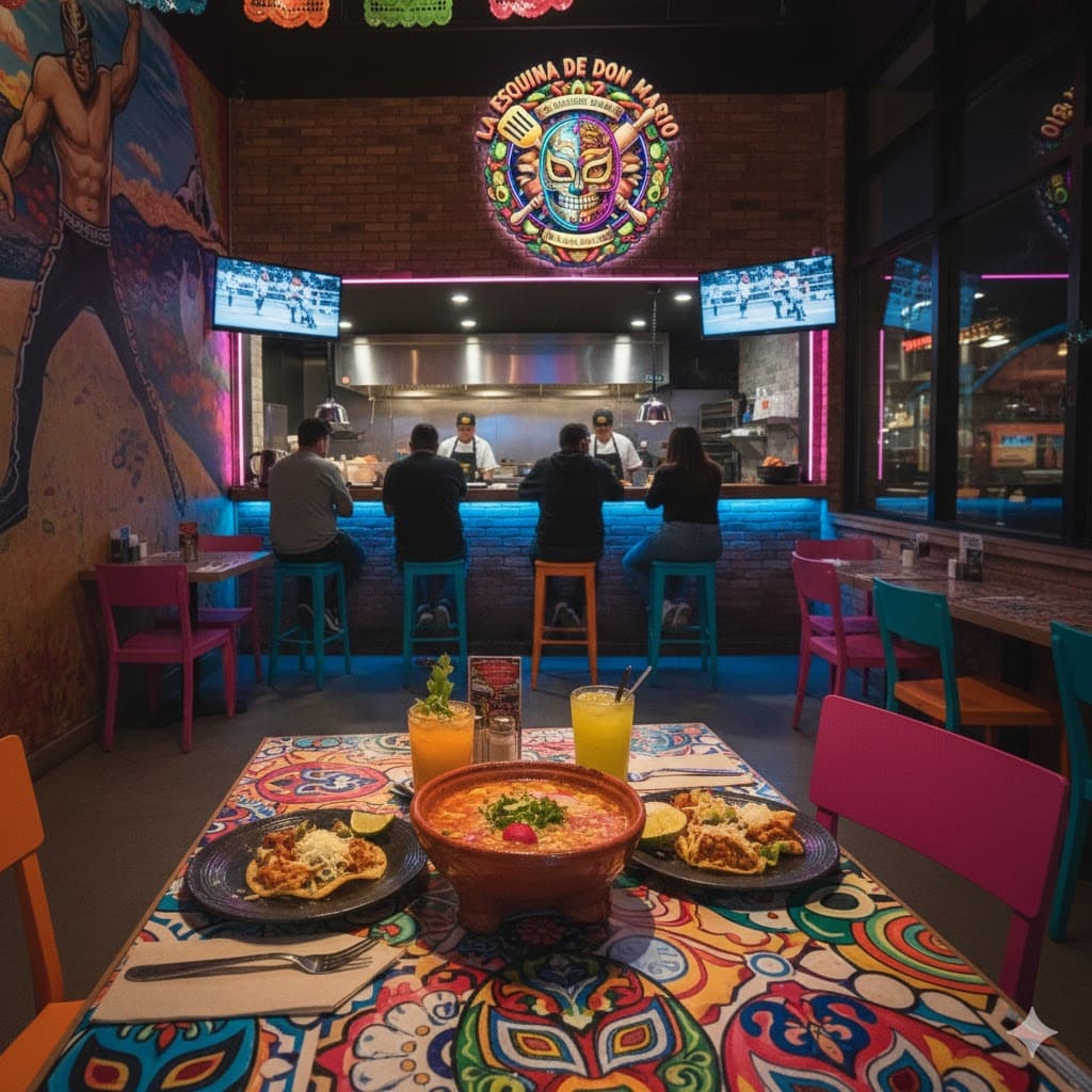 Platillo mexicano servido en barra del restaurante La Esquina de Don Mario, con logo de Lucha Libre en neón y clientes disfrutando del ambiente.