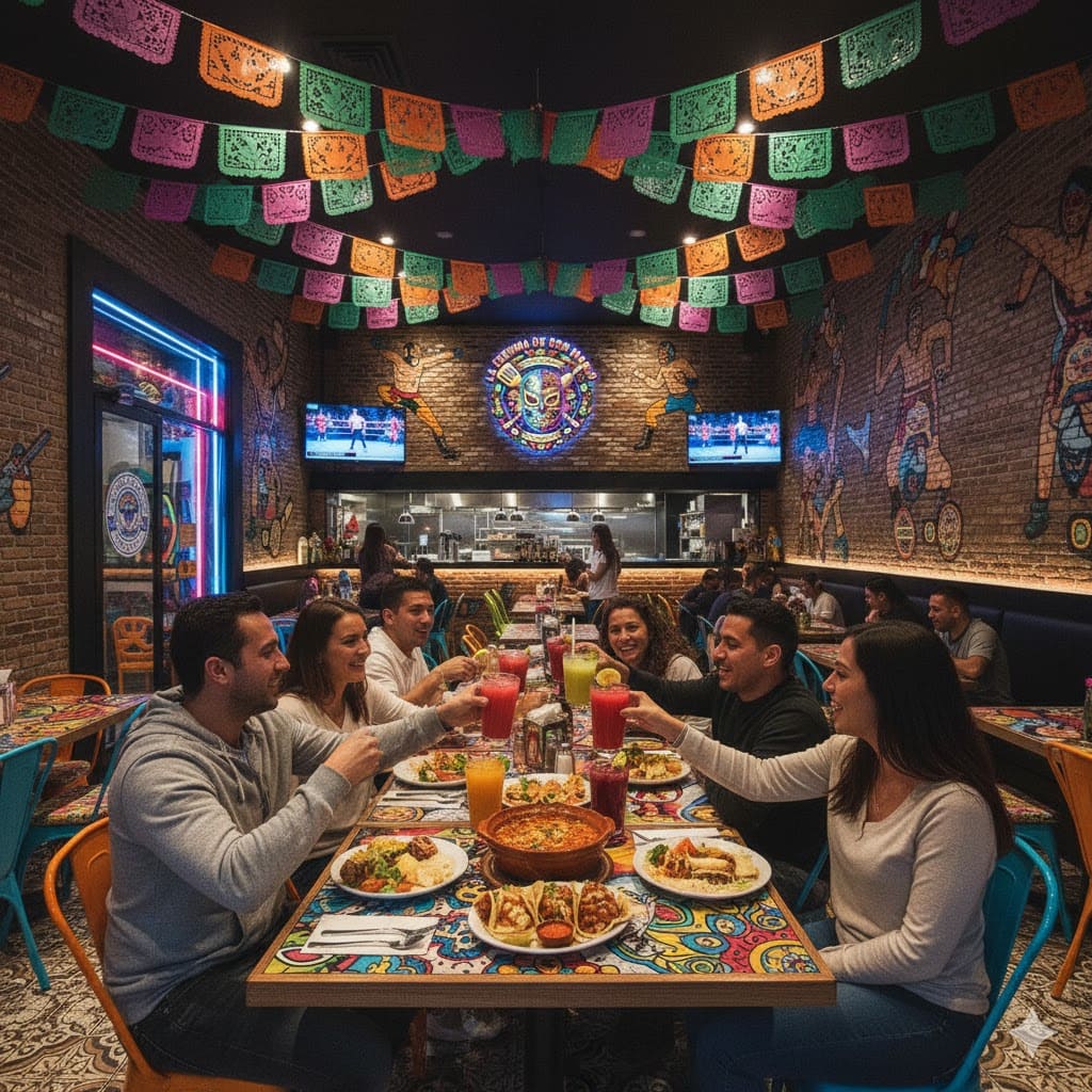 Grupo de amigos brindando con bebidas mexicanas en el interior de 'La Esquina de Don Mario', disfrutando de platillos de cocina mexicana tradicional en una mesa con temática de Lucha Libre.