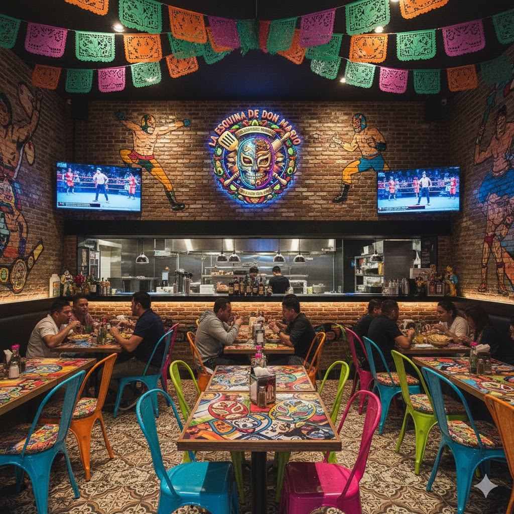 Vista del interior de 'La Esquina de Don Mario' con decoración temática de Lucha Libre en paredes y techos, mostrando clientes sentados en mesas de colores disfrutando de platillos mexicanos.